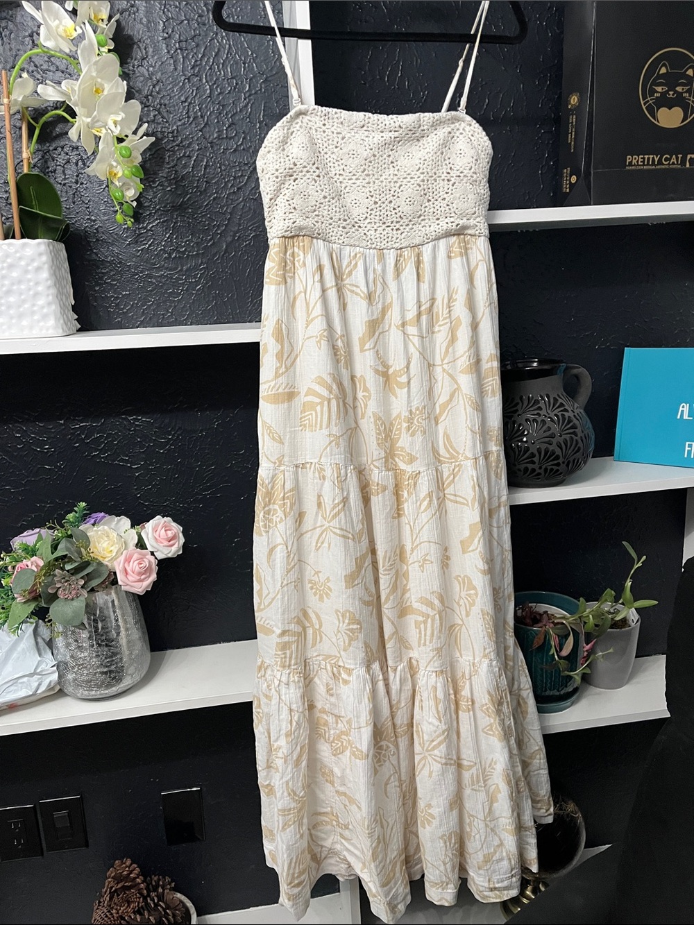 American Eagle Outfitters White Maxi Dress with Beige Floral Print